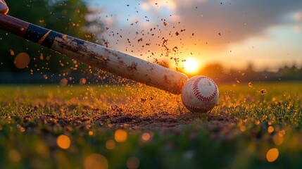Baseball Bat Hitting Ball with Sunset in Background