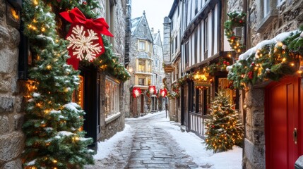 Fototapeta premium Small-town American main street decorated for Christmas holiday lights sparkling