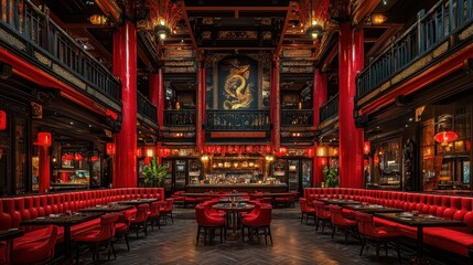 Elegant restaurant interior with red decor and ornate architecture.