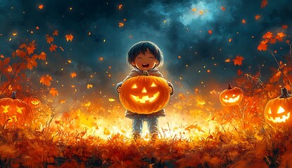 A joyful child holding a bright orange pumpkin, beaming with excitement and surrounded by the colorful backdrop of autumn leaves, embodying the spirit of the harvest season.