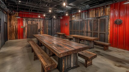 Fototapeta premium Industrial Themed Coffee Shop with Raw Wood Decor