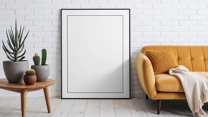 A large, rectangular frames with white backgrounds is propped against a white brick wall, reflecting the simplicity of the room. 