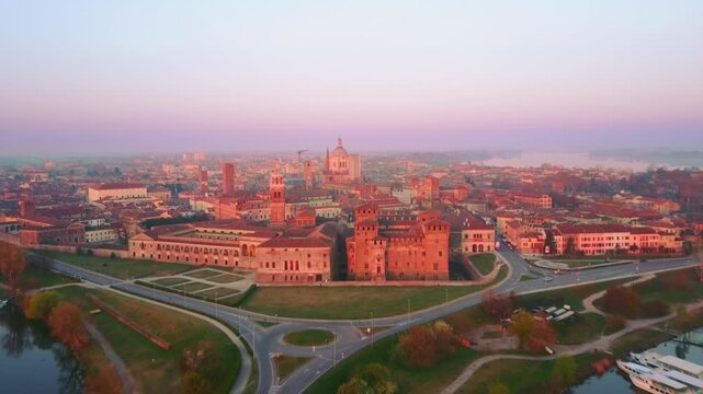 city of mantua aerial view drone over old town city center at sunrise