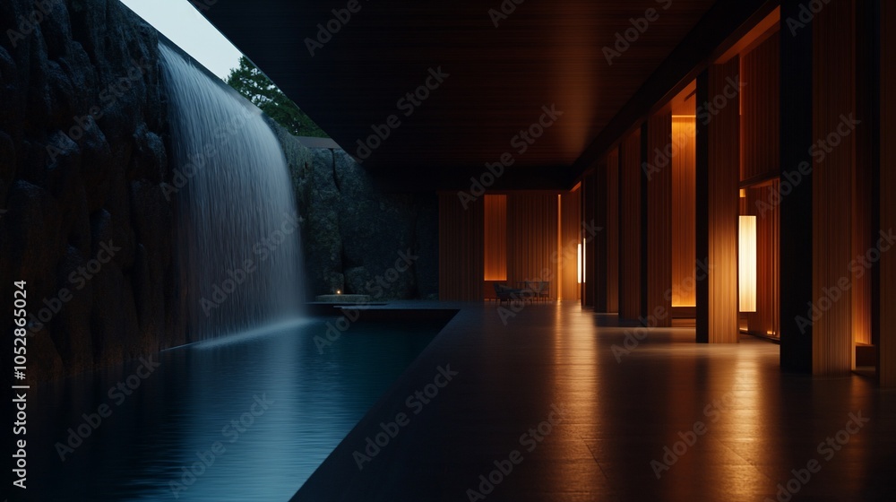Poster modern minimalist hallway with a waterfall feature and pool.