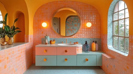 Brightly colored bathroom with playful design elements and plants.