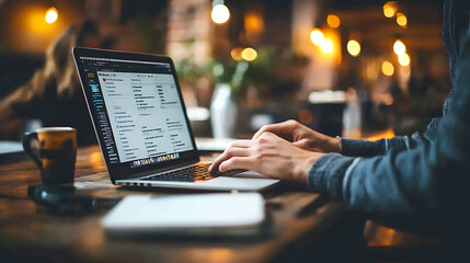 A man is typing on a laptop in a cafe