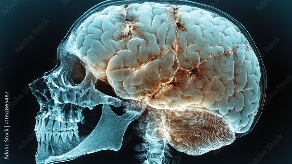 Poster x-ray image showing a skull and brain structure for educational use.