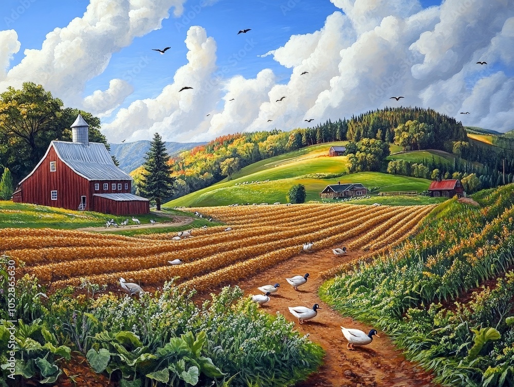 Poster a thriving regenerative farm with ducks roaming the fields, contributing to pest control and soil fe