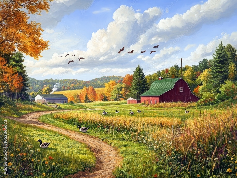 Poster a thriving regenerative farm with ducks roaming the fields, contributing to pest control and soil fe