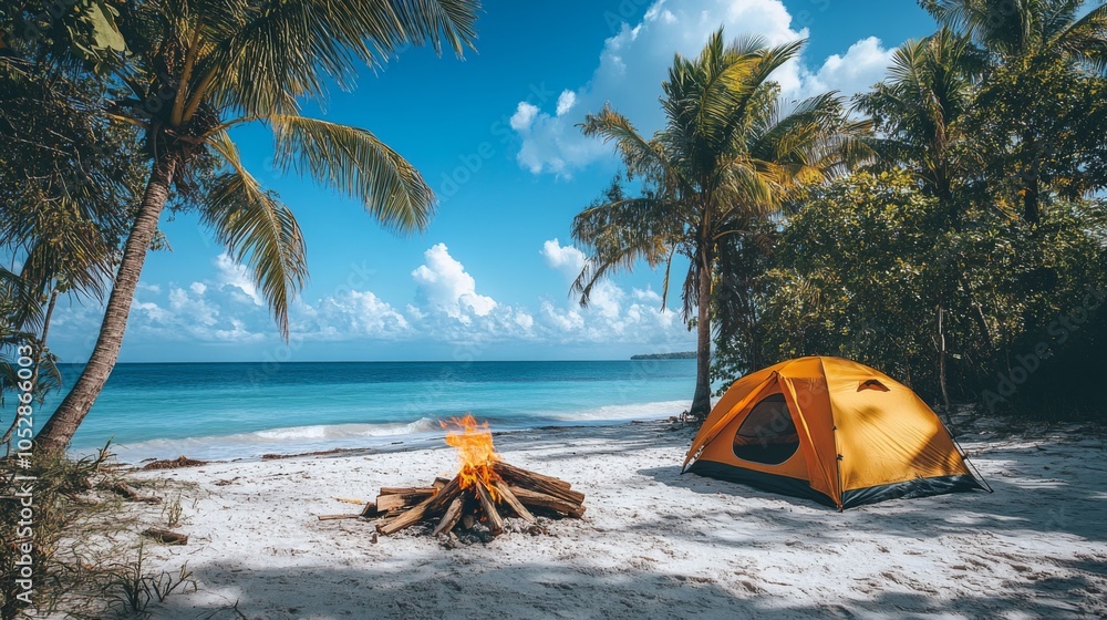Poster a yellow tent sits on the sandy shore next to a glowing campfire, surrounded by palm trees and facin