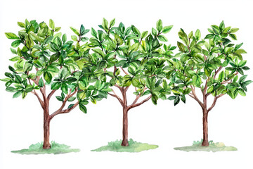 Obraz premium Three lush green trees with vibrant leaves, depicted in a watercolor style, showcasing the beauty of nature and plant life.