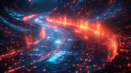 Fototapeta premium Abstract digital landscape with glowing lines and particles.
