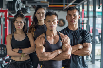 Photography of Cambodia fitness trainers, professional team of workers in gym background.	
