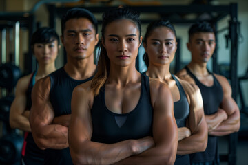 Fototapeta premium Photography of Malaysia fitness trainers, professional team of workers in gym background. 