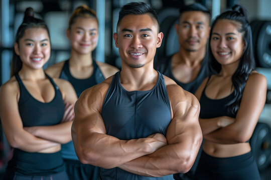 Photography of Philippines fitness trainers, professional team of workers in gym background.	