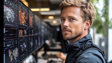 Obraz premium A Man Looking at Data on Multiple Computer Screens
