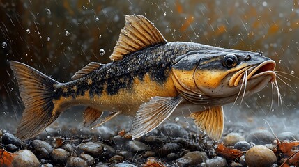 Fototapeta premium A catfish with a mottled yellow and brown body swims through the water in a rain shower.