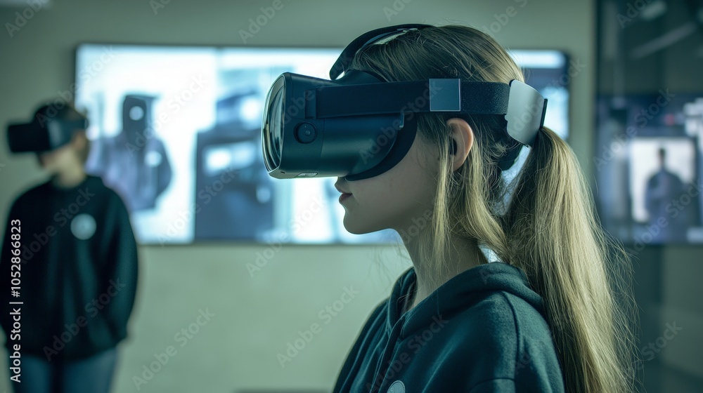 Poster a virtual reality headset powered by ai, creating an immersive learning environment for students stu