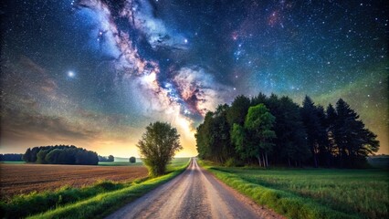 Naklejka premium Country road leading through fields to forest under starry sky with Milky Way overhead, panorama, country road, fields