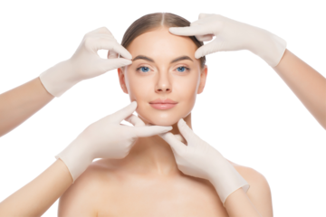 Close-up portrait of young female standing with naked skin, face is touched by doctors in gloves, preparing her for plastic surgery procedures