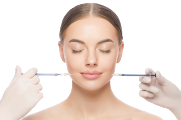 Close-up portrait of young woman standing with closed eyes, ready for face injection by beauty doctors