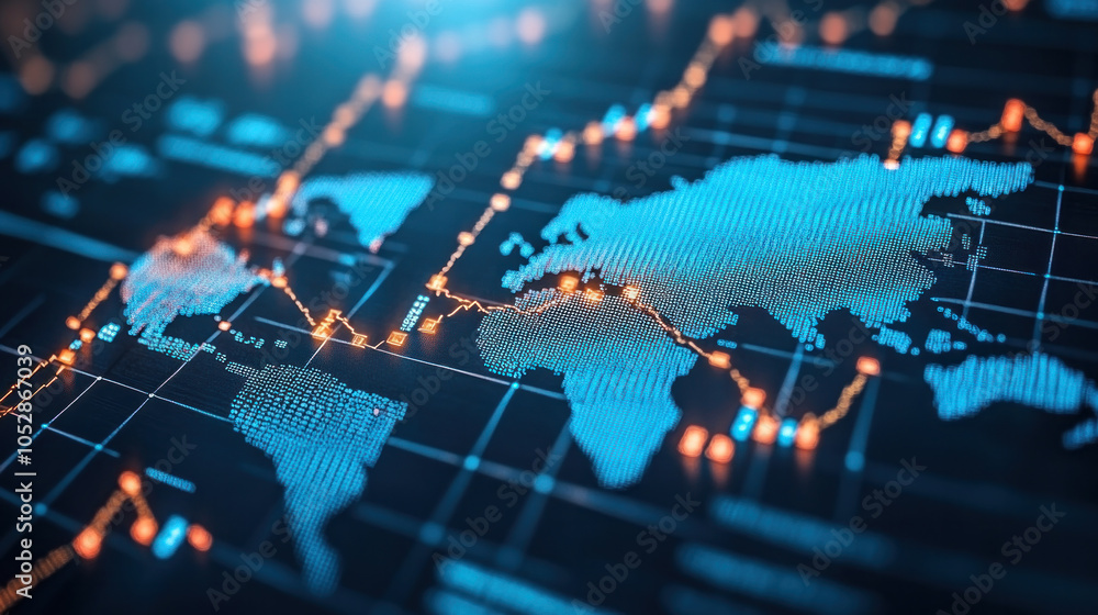 Aufkleber a blue and orange map of the world with a lot of lines and dots. the map is showing the stock market