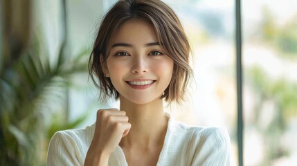 A photo of an Asian woman with short hair, smiling and clenching her fist in victory on a white background