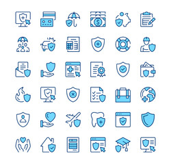 Fototapeta premium Insurance icons. Outline symbols. Vector blue line icons set