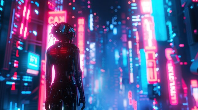 Sci-fi female 4d humanoid cyborg in futuristic neon lit cyberpunk city, AI generated image