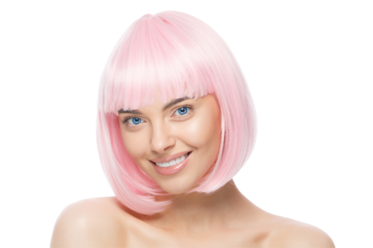 Young beautiful smiling woman wearing pink wig, standing with naked shoulders and neck, getting ready for party