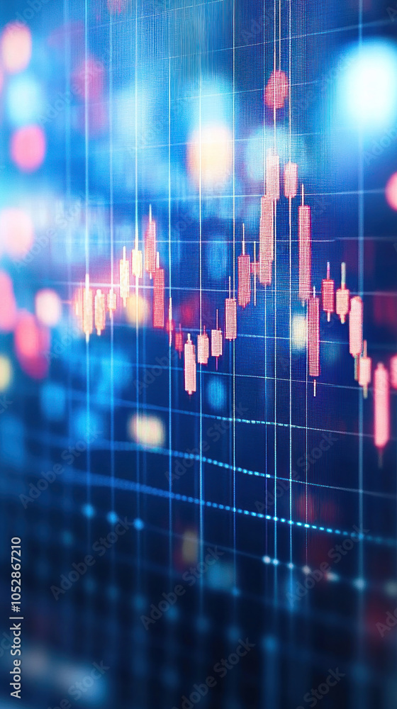 Poster a blue and red graph with a lot of lines and dots. the graph is showing a stock market trend