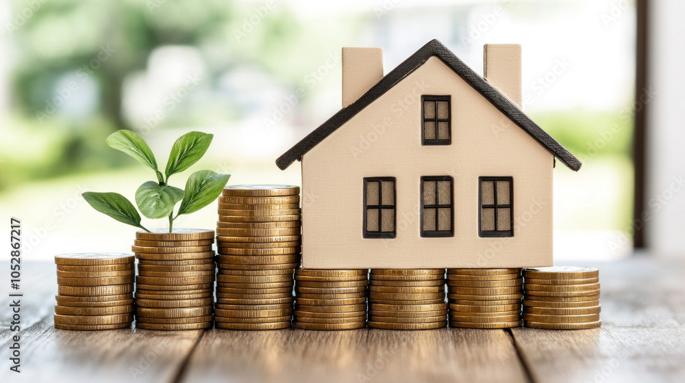 Poster a house is surrounded by stacks of gold coins. the coins are piled up in a way that they look like t