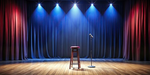 Empty theater stage with stand-up microphone, bar stool, and spotlights, comedy, performance, humor, spotlight, entertainment
