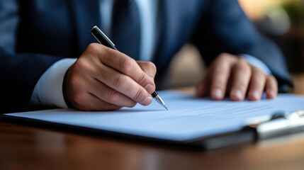 A man is writing on a piece of paper with a pen. He is dressed in a suit and tie, and the image conveys a sense of formality and professionalism