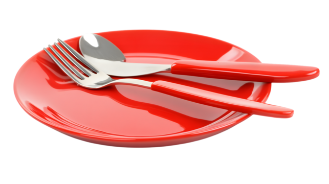 Red plate with fork, spoon, and knife on white background