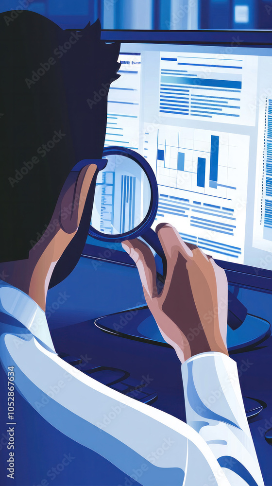 Poster a man is looking at a computer screen with a magnifying glass. concept of curiosity and investigatio