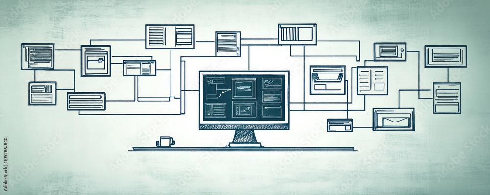 Poster a computer monitor with a lot of icons on it. the icons are connected to each other in a web-like fa
