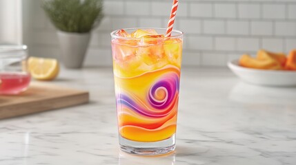 Colorful Cocktail with Swirly Straw and Bright Garnishes