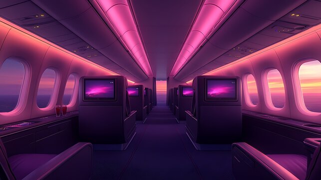 Fototapeta Empty airplane cabin with pink lighting and sunset view.