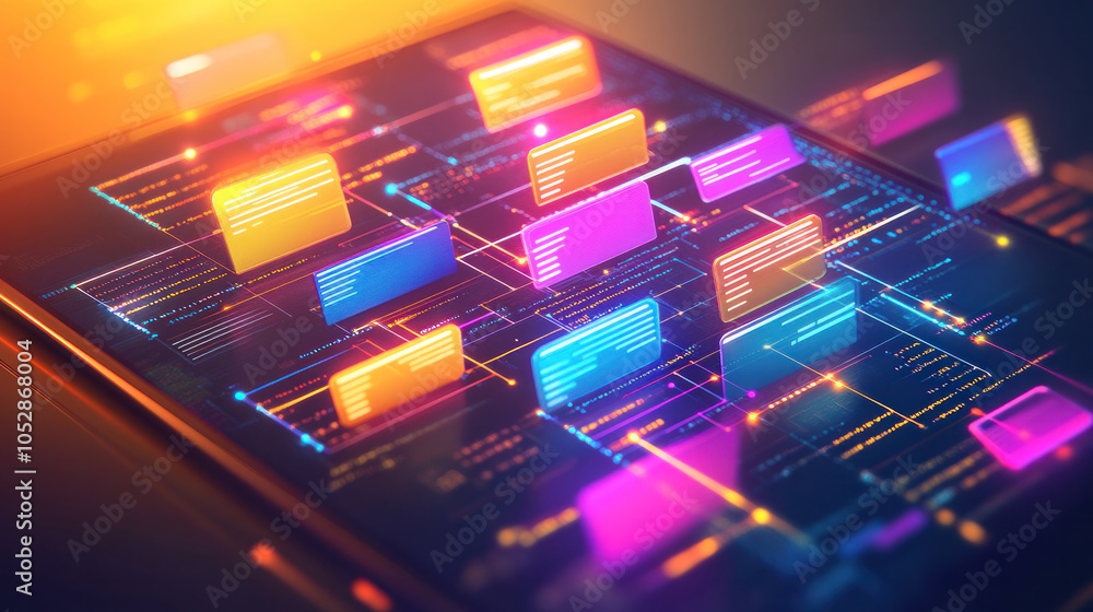 Poster a colorful image of a computer screen with many different colored icons. concept of technology and i