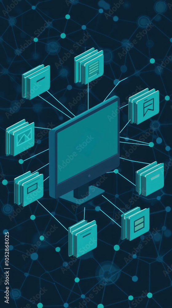 Poster a computer monitor with many books on it. the books are arranged in a circle around the monitor