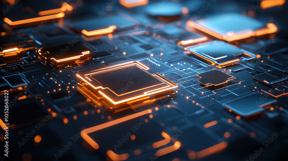 Poster a computer chip with many small squares of orange and blue. the squares are all different sizes and 
