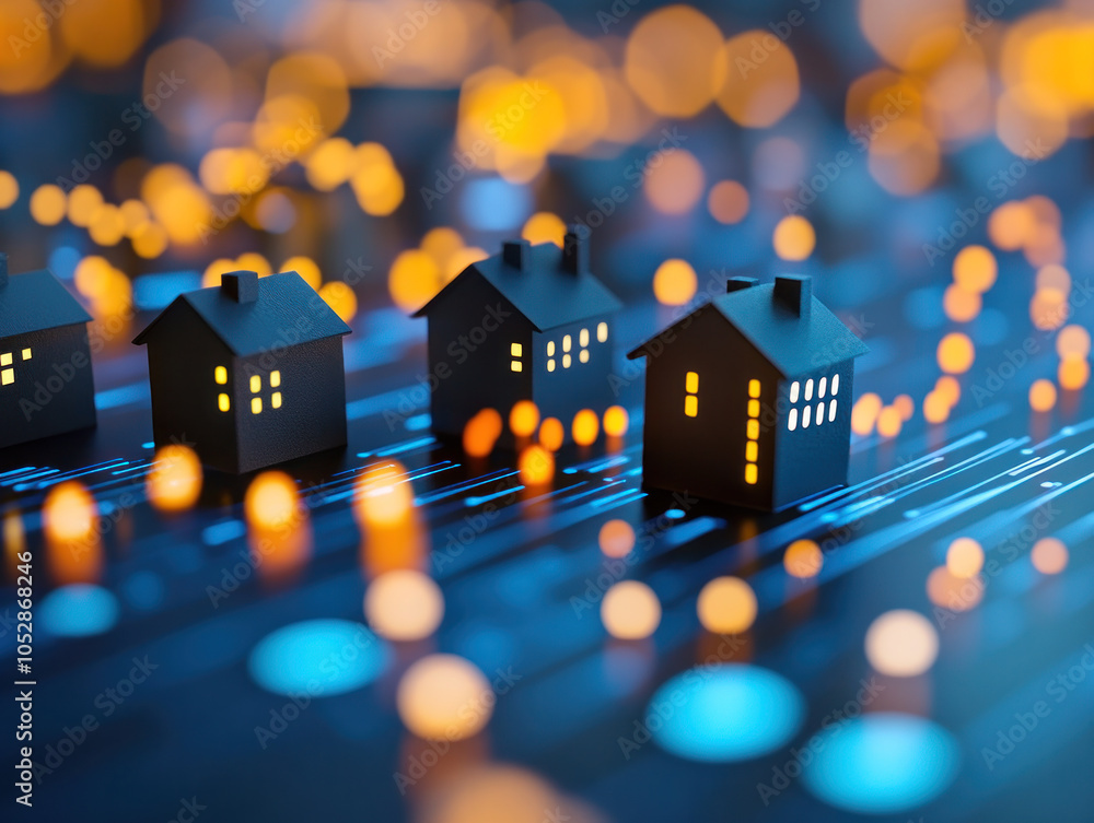 Poster a row of houses are lit up with lights, creating a warm and inviting atmosphere. the houses are smal