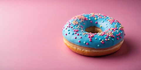 Pink and blue donut with sprinkles on a pink background