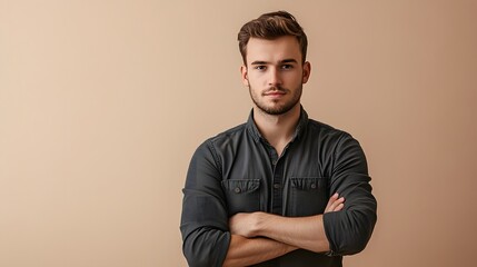 Obraz premium Caucasian handsome man isolated on beige background keeping the arms crossed in frontal position. 