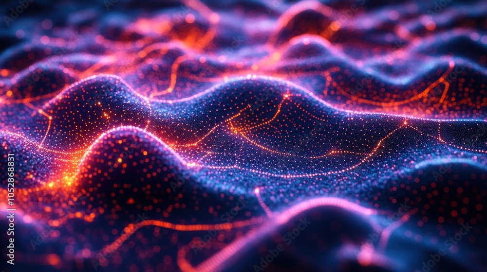 Poster abstract representation of waves with glowing particles.