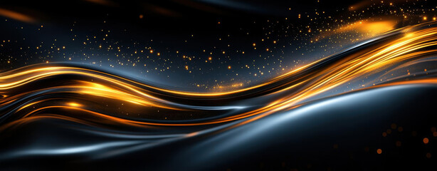 Obraz premium A vibrant, abstract wave of golden and silver light flowing across a dark background, creating an energetic and dynamic visual effect.