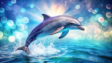 Blurred ocean backdrop highlights the graceful movement of dolphins.