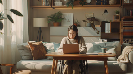 Fototapeta premium Young Woman Working on Laptop in Cozy Living Room with Natural Light