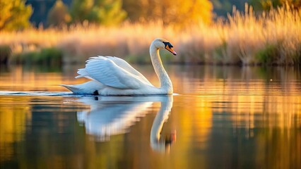 Fototapeta premium Majestic swan gracefully gliding on serene lake surface, graceful, elegant, bird, waterfowl, wildlife, nature, beauty